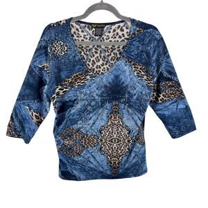 Valentina Leopard Blue Studded Embellished V-Neck 3/4 Sleeve Stretchy Blouse M